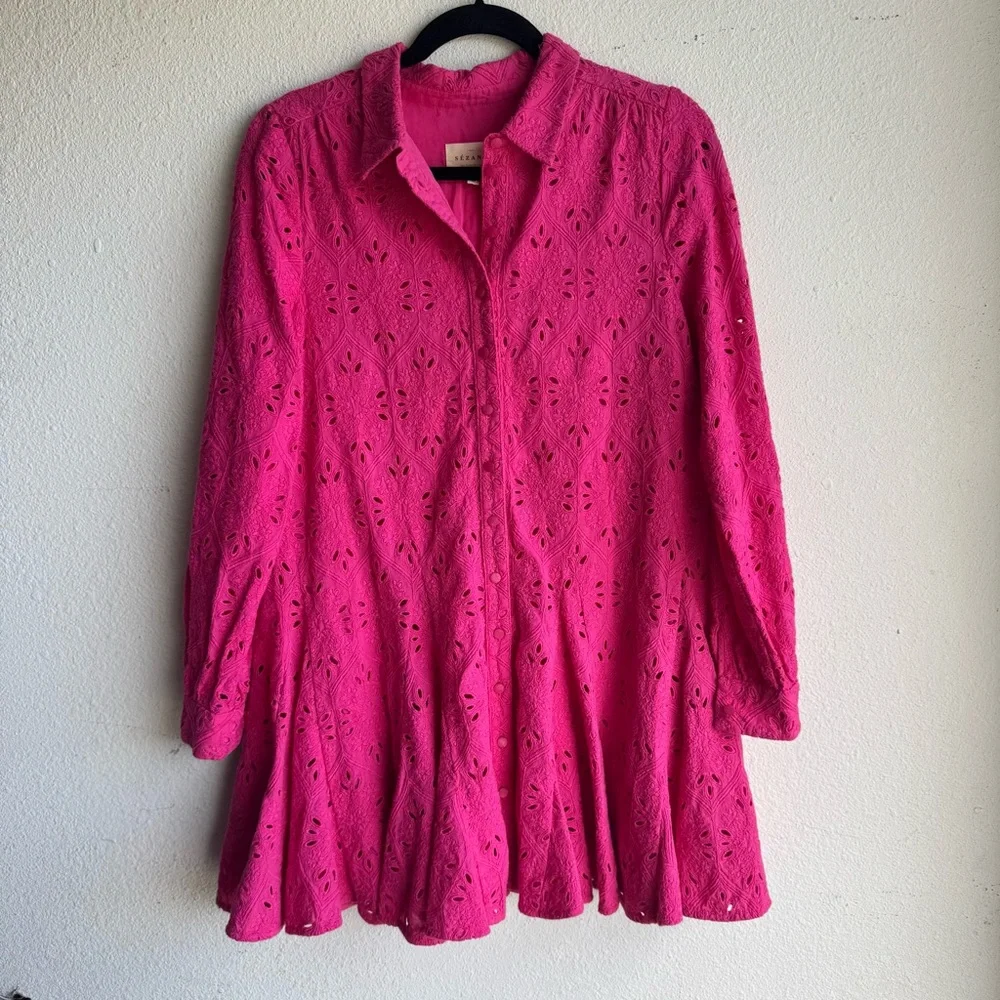 Sezane Sol pink Embroidered Eyelet Button Down Skater Skirt Dress size 8 - Picture 4 of 8